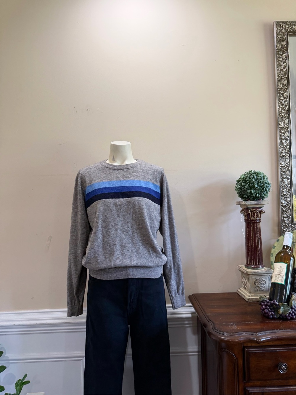 Madeleine Thompson x Aqua Gray Crewneck Sweater with Blue Stripe